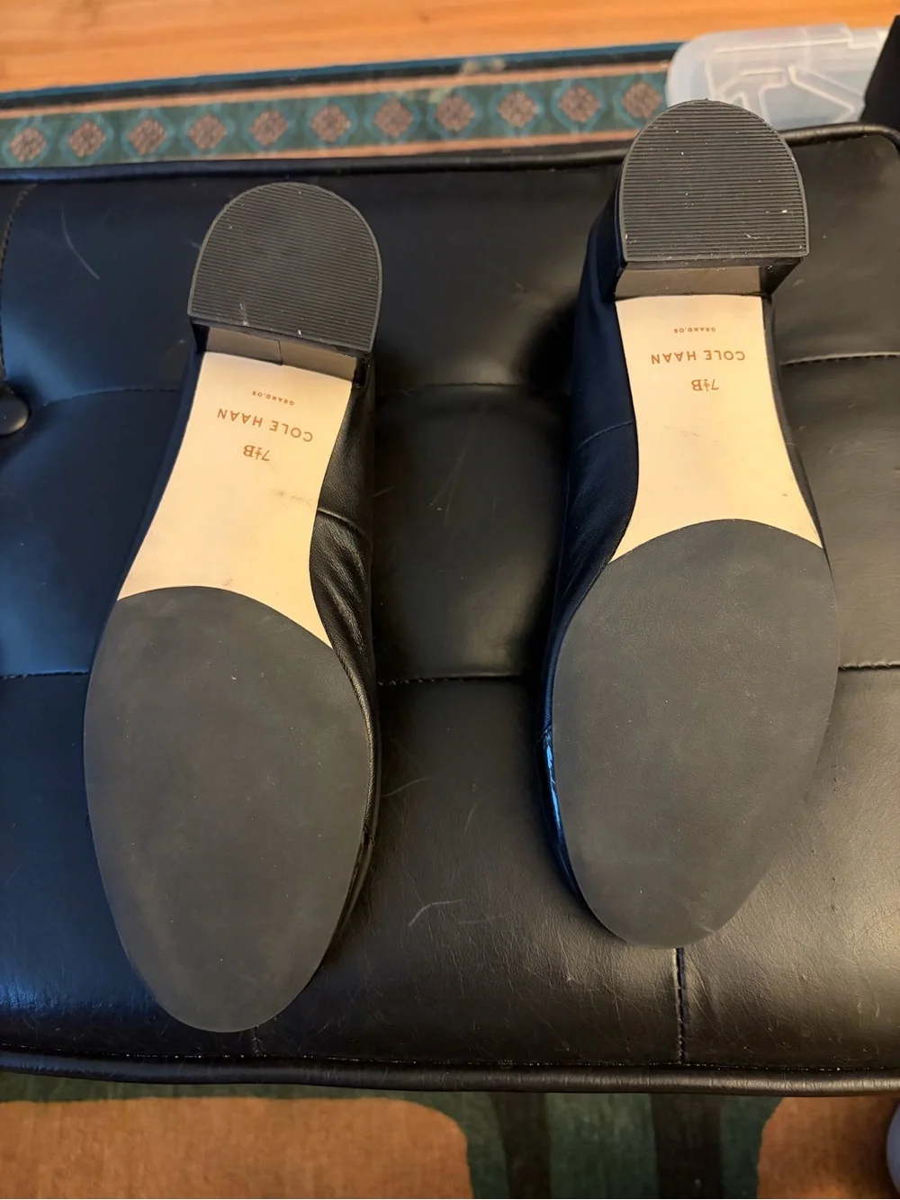 Cole Haan Black Leather Ballet Flats with Patent Toe and Bow